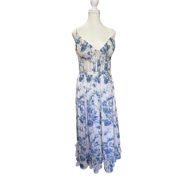 V. Chapman Corset Front-Slit Ruffled Gown – Provencal Blue Floral, Size 12 - Picture 4 of 11